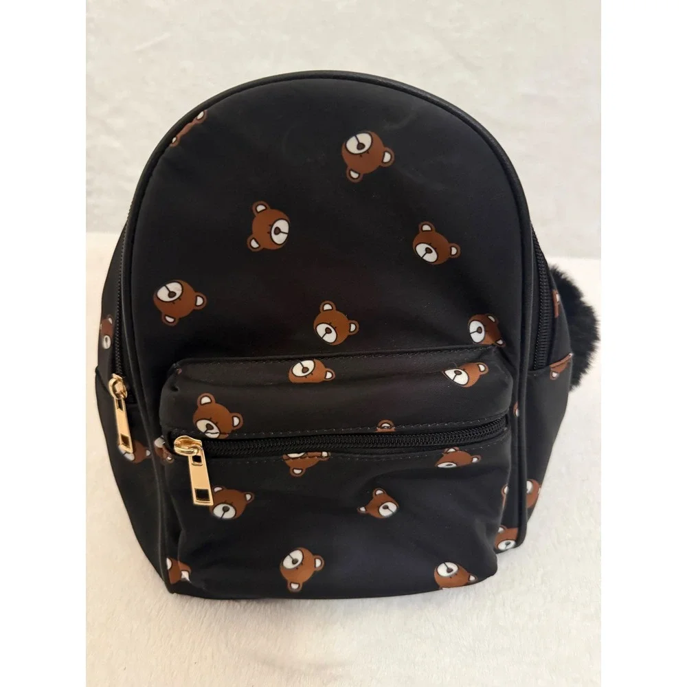 Black Nylon Mini Backpack Brown Teddy Bear Print Gold Hardware Pom Pom Keychain
